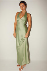 Halter V Neck Stretch Satin Cocktail Dress