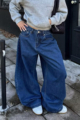 Vintage Relaxed Curved Wide Leg Dark Blue Jeans