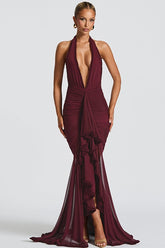 Mesh Panel Halter V Neck Backless Elegant Party Dress