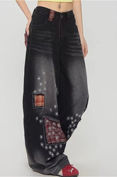 Vintage Plaid Patchwork Distressed Wide-Leg Jeans
