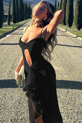 Lace Cutout Mesh Spaghetti Strap Asymmetrical Party Dress