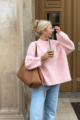 Sweet Pink Crew Neck Pullover Knit Sweater