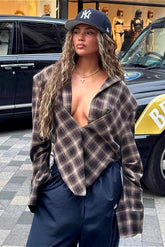 Plaid Collared Asymmetrical Loose Blouse