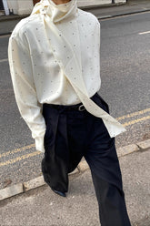 Polka Dot Ribbon-Tie Loose Long-Sleeve Blouse