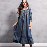 Denim Cotton O-neck Floral Embroidery Boho Dress