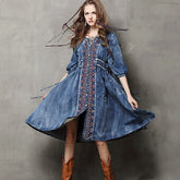 Midi Denim Cotton Ethnic Embroidery Boho Dress