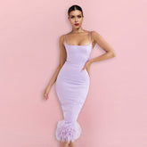 Strappy Sleeveless Midi Feather Bodycon Dress HI1326