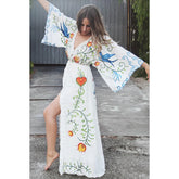 Cotton Floral Embroidery Deep V Neck Maxi Boho Dress