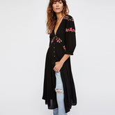Black Floral Embroidery Deep V Neck Loose Boho Dress