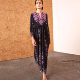Ethnic Floral Embroidery Rayon V Neck Boho Dress