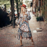 V Neck Print Mid-waist Bubble Sleeve Ethnic Boho Dress