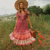 Drawstring Waist Floral Cotton V Neck Boho Dress