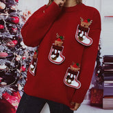 Cute Elk 3D Decoration Round Neck Long Sleeve Knit Pullover Christmas Sweater Sweaters-L