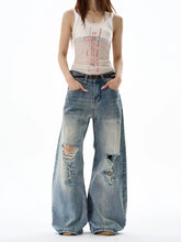Heavy Knee Distressed Wide Leg Blue Jeans