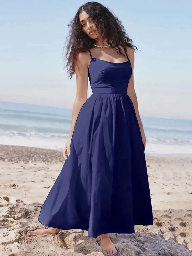 Spaghetti A-Line Backless Midi Dress