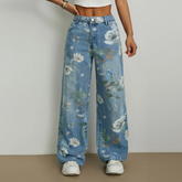 Floral Print Washed Denim Pant