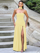 Backless Slit Ribbon Strapless Maxi Dress