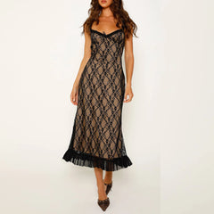 Sheer Lace Ruffle Backless Cami Midi Dress