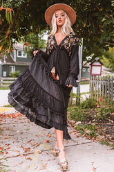 Deep V Floral Embroidery Loose Ruffles Boho Dress