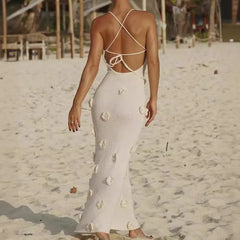 Knitted Lace Up Long Floral Dress