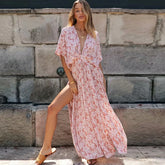 Pink Floral Deep V Neck Side Split Boho Dress