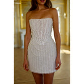 Pearl Beading Strapless Mini Vacation Dress