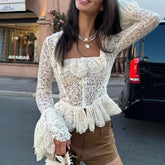 White Lace Ruffled Crop Top Blouse