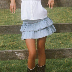 Side Zipper Ruffle Denim Mini Skirt