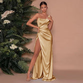 One Shoulder Satin Slit Maxi Dress