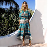 Floral Print Maxi V Neck Hippie Casual Boho Dress
