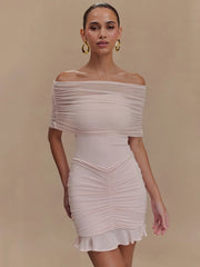 Mesh Strapless Ruffled Mini Bodycon Dress