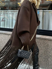 Tassel Hem Turndown Collar Coat