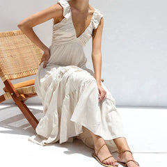 Deep V Neck Camisole Strap Cotton Boho Dress