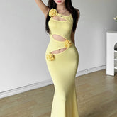 Yellow 3D Flower Cut Out Midi Dress