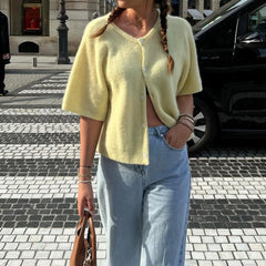 Loose Short Sleeve Button Round Neck Cardigan