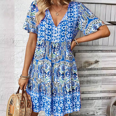 Loose Fit V Neck Ethnic Print Boho Dress