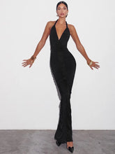 Deep V-Neck Black Ruched Maxi Dress