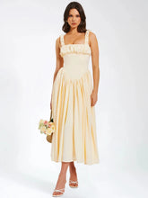 Square Neck Satin Pleated Midi Dress