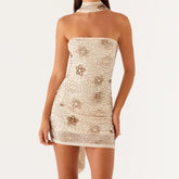 Beaded Embroidery Strapless Bodycon Dress