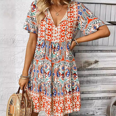 Loose Fit V Neck Ethnic Print Boho Dress