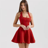 Red Halter Neck Splice High Waist Prom Dress