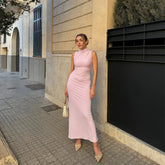 Pleated Solid Color Elegant Midi Dress