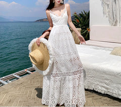 Deep V-neck Sleeveless Hollow Out Lace Boho Dress
