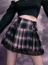 Pink Plaid Lace Pleated Mini Skirt