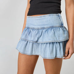 Side Zipper Ruffle Denim Mini Skirt