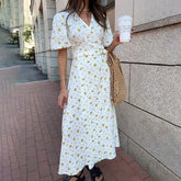 Floral V Neck A Line Slit Midi Dress