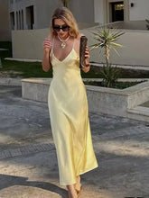 Yellow Satin Backless Sling Midi Dress