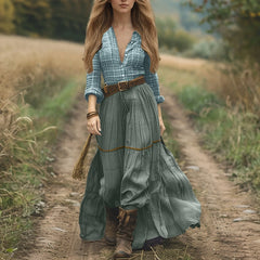 Plaid Patchwork V Neck Retro Maxi Boho Dress