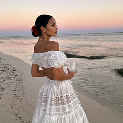 Lace Up Backless Hollow Long Skirt Two Piece Set