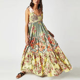 Shirring Chest Strap Floral Sleeveless Boho Dress